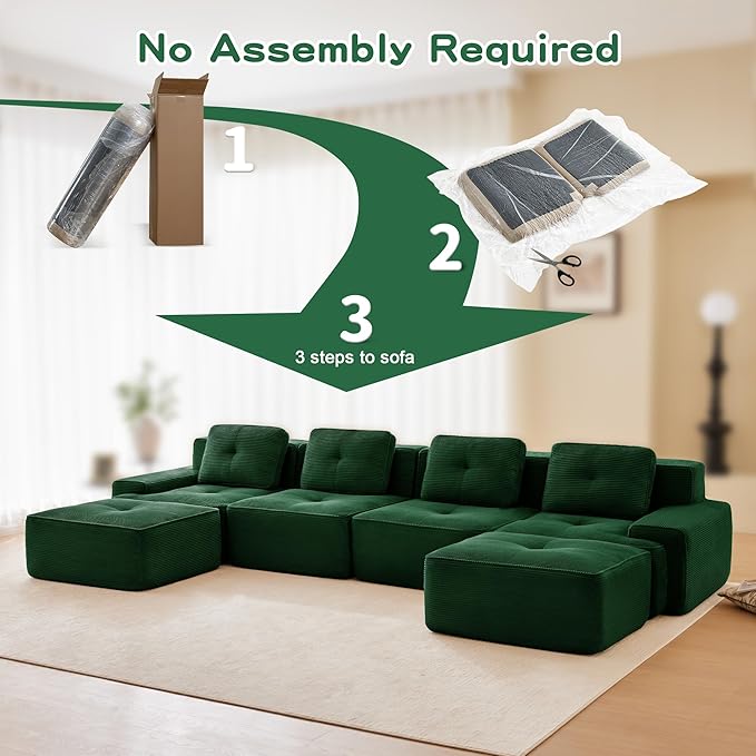 150.4'' Sectional Sofa, 32D Foam Corduroy Boneless Couch with Pillow, Deep Seat Wide Arm Sectional U Shaped Couch for Living Room, Apartment, Bedroom