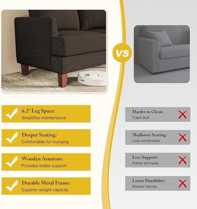 3 Seater Sofa Couch with Deep Seats, 89" Mid Century Modern Upholstered Sofa with Armrests, Comfy Couches for Living Room, Bedroom and Office, Linen Fabric Apartment Couch (Linen Brown)