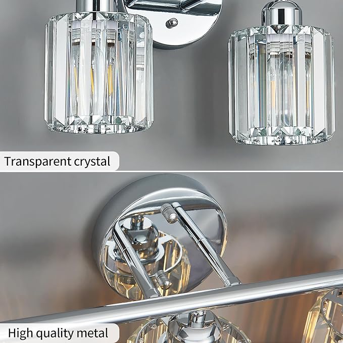 Modern 3 Light Crystal Vanity Light, Chrome Vertical Bathroom Light Fixture Over Mirror for Dressing Table Sink, Compatible with Dimmable Bulbs (Bulbs Not Included)