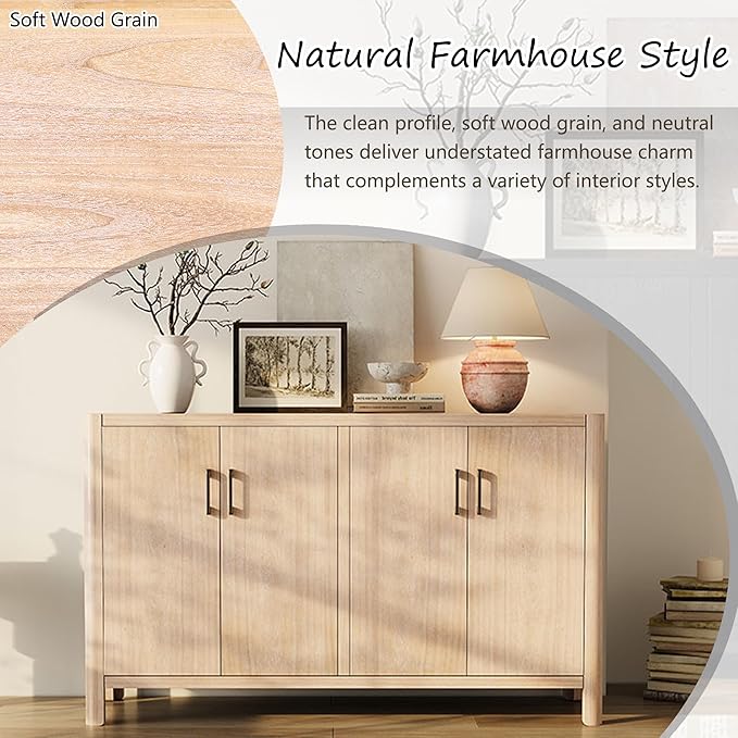 Farmhouse Wood 4-Door Cabinet Sideboard with Smooth Rounded Corners, Rustic Accent Entryway Console Table for Hallway Living Room Dining Room