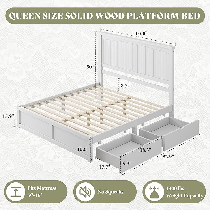 AMERLIFE Queen Size Solid Wood Bed Frame with 50" Tall Headboard, Mid-Century Modern Bed with Storage, Wooden Platform Bed with 2 Drawers, No Box Spring Needed, White