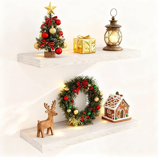 Fun Memories Floating Shelves for Wall, 24 x 9.3 Floating Shelf Wall-Mounted, Rustic Wood Bathroom Shelf Set of 2, Deep Bookshelf Storge Shelves for Living Room, Bedroom, Farmhouse, Brich Color