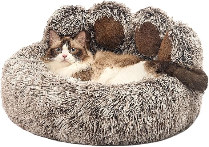 Jiupety Paw Shape Calming Pet Bed, Plush Faux Fur Donut Bed for Dogs & Cats, Machine Washable, Non-Slip Bottom, Medium (22"×22"×6"), Gray