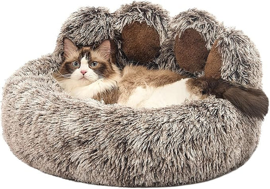 Jiupety Paw Shape Calming Pet Bed, Plush Faux Fur Donut Bed for Dogs & Cats, Machine Washable, Non-Slip Bottom, Medium (22"×22"×6"), Gray