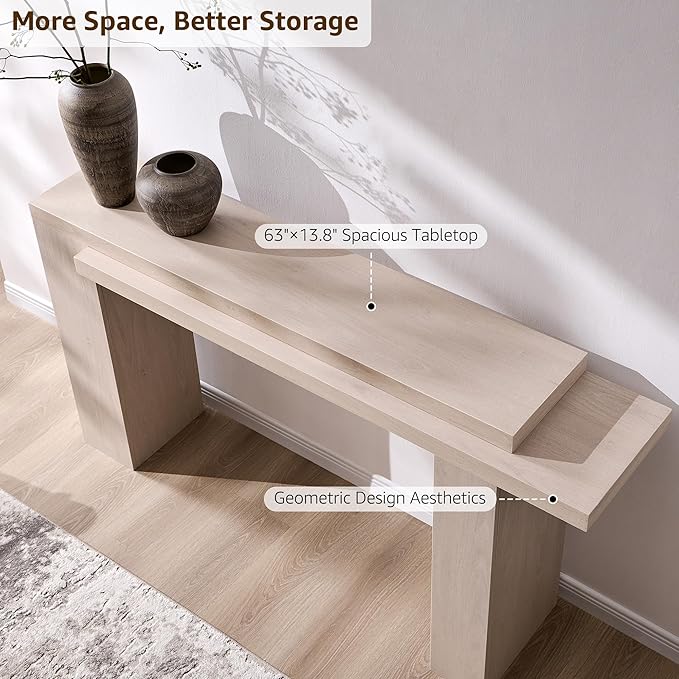 OKD 63 Inch Modern Entryway Console Table, Solid Geometry Accent Sofa Table Behind The Couch, Narrow Console Table for Entryway, Hallway, Living Room, Foyer, White Alder