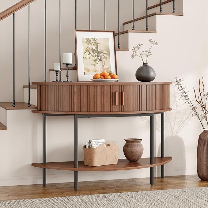 ONBRILL Half Moon Fluted Console Table, Entryway Table with Storage, Mid-Century Modern Sofa Tables, Behind Couch Tables, for Entryway, Hallway, Living Room, Small Spaces, Walnut