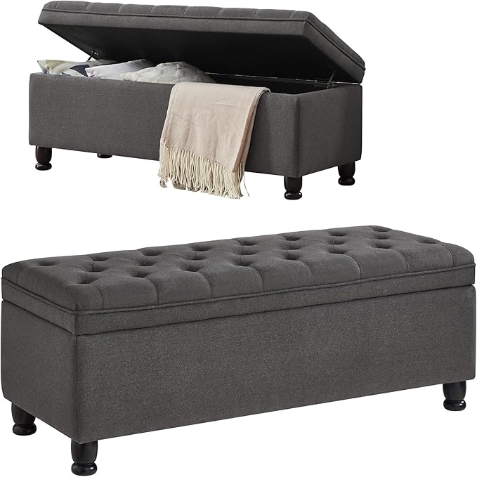 mikibama Bed End Storage Ottoman Bench,Linen Upholstered Storage Benches for Bedroom,Tufted 45" Long Ottoman Bench with Storage for Living Room Entryway Window(Dark Grey 45")