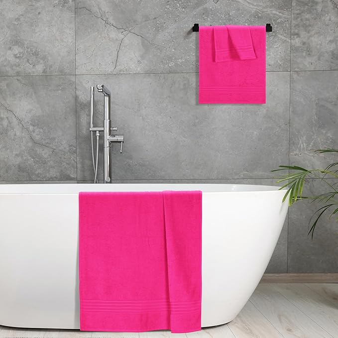 BOUTIQUO Ultra Soft 3 Pack Cotton Towel Set, Contains a Bath Towels 28x55 inch, a Hand Towels 16x24 inch & a Wash Coths 12x12 inch, Ideal Everyday use, Compact & Lightweight - Hot Pink