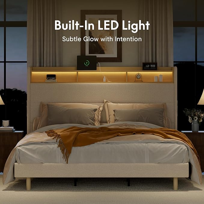 FLEXISPOT King Platform Bed Frame with 51" Tall Upholstered Corduroy Headboard, Two-Tier Storage Shelves, LED Light & Charging Station, Remote Pocket, No Box Spring Needed,1100Ibs Heavy-Duty, Beige