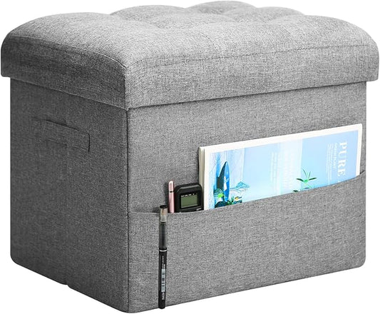 Storage Ottoman Foot Rest, Folding Linen Foot Stool with Thicker Foam Padded Seat. Small Ottoman with Storage Bench for Bedroom Living Room, Holds Up to 300 lbs, 17x13x13IN (Light Gray)