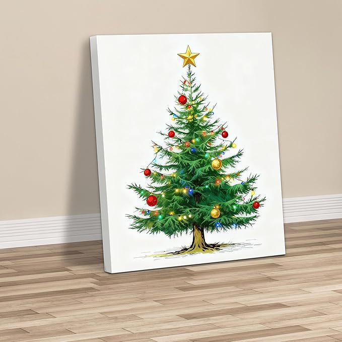 Framed Christmas Pictures Wall Decor,Vintage Pine Tree Prints,Winter Christmas Canvas Wall Art Decoration for Bedroom Bathroom Living Room Rustic Xmas Holiday Gifts (Christmas Tree 7, 16'' X 20'')