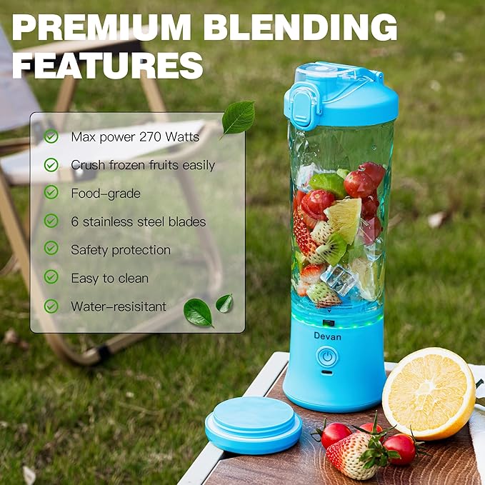 Portable Blender,270 Watt for Shakes and Smoothies Waterproof USB Rechargeable with 20 oz BPA Free and a Travel Lid. (Blue, 20 oz)