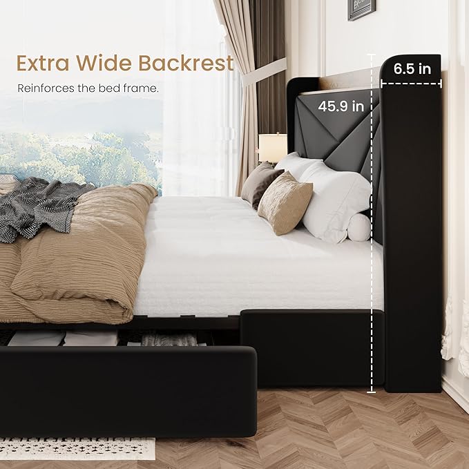 SHA CERLIN King Size Bed Frame with 3 Drawers, USB & Type-C Charging Ports, Velvet Upholstered Platform Bed with Modern Geometric Wingback Storage Headboard, No Box Spring Needed, Easy Assembly, Black