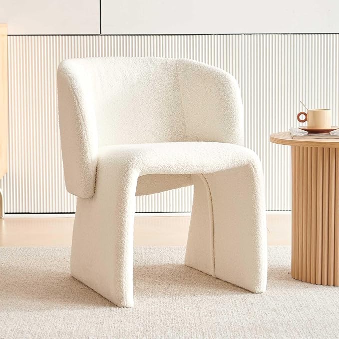 Modern Dining Chair Upholstered Off White Teddy Velvet Barrel Home Kitchen Single Sofa Chair Comfy with Metal Frame for Living Room,Bedroom
