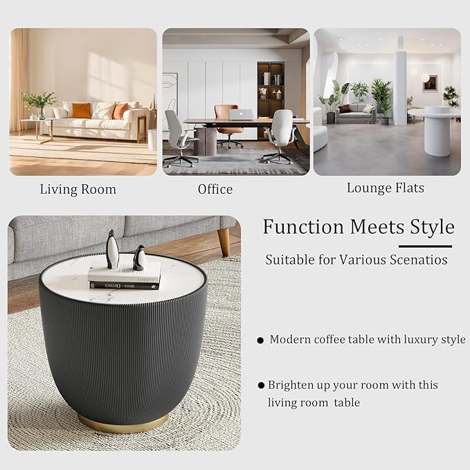 Round Coffee Table Set with Sintered Stone Tabletop, 27.56" Black Drum Center Table and 19.69" Grey Coffee Table Set, 2 Pieces Living Room Table Set with Fluted PU Leather Cover& Metal Base