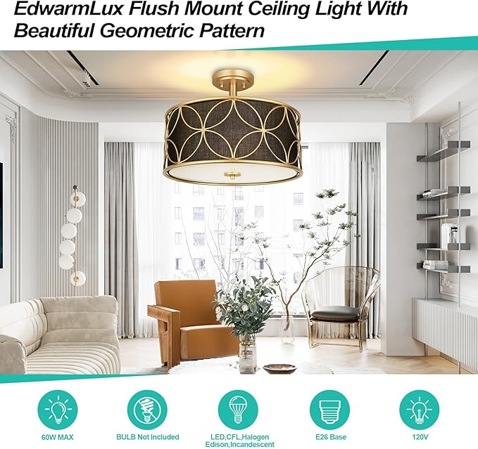 3-Light Semi Flush Mount Ceiling Light, 16" Drum Light with Fabric Shade, Modern Close to Ceiling Lamp for Living Room Bedroom Dining Room Kitchen Hallway Entry Foyer (Black Gold)