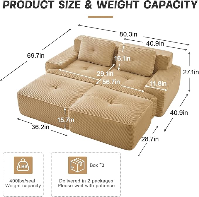 80" Modern Compressed Boneless Love Seat Couches with 2 Ottomans, 2 Seater Large Sectional Couches for Living Room, Camel Corduroy Cloud Modular Sectional Sofa, Memory Foam, Deep Loveseat, No Assembly