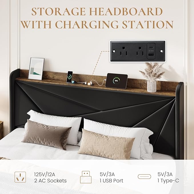 SHA CERLIN King Size Bed Frame with 3 Drawers, USB & Type-C Charging Ports, Velvet Upholstered Platform Bed with Modern Geometric Wingback Storage Headboard, No Box Spring Needed, Easy Assembly, Black