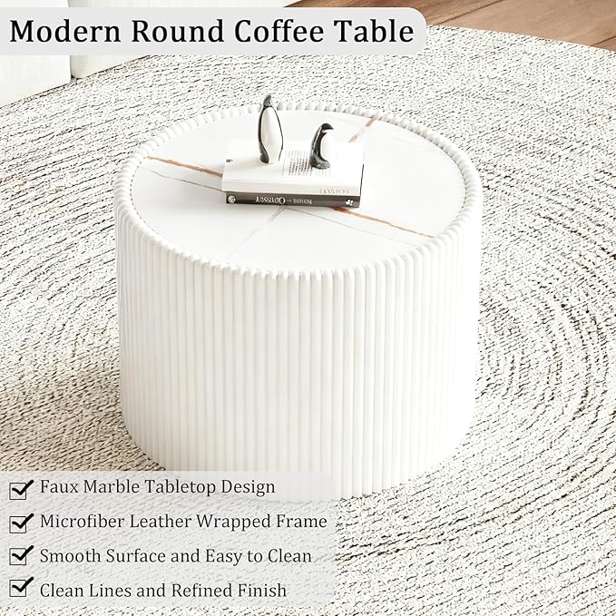 White Round Coffee Table with Sintered Stone Tabletop, 17.71" Drum Coffee Table with Fluted PU Leather Covered and Stable Base, Circle Cocktail Tea Table for Living Room