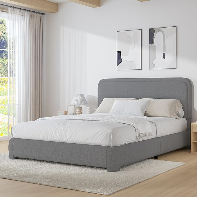 BarnFurin Queen Size Boucle Bed Frame with Headboard, Upholstered Platform Bed with Wood Slats, Soft Rounded Corners, No Box Spring Required, Easy Assembly, Light Grey