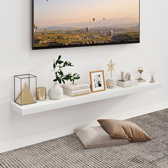 Fun Memories Floating Shelves for Wall, 55Inch Floating Shelves Set of 2, Hanging Shelf with Invisible Brackets, Wood Shelves for Living Room, Bedroom, Kitchen, White