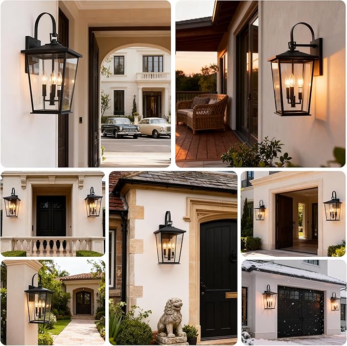 Kalium Modern Outdoor Wall Sconce Fixture 20 1/2", Matte Black, 3-Light Exterior Wall Mount Lighting with Clear Glass Panels for House Porch Patio Outside Deck Garage Yard Front Door Garden Home