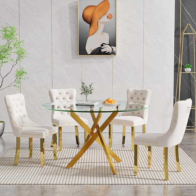 Goujxcy Round Dining Table Set for 4, Modern Glass Kitchen Table and Chairs Set of 4, 5-Piece Dining Room Table Set w/47 Circle Gold Glass Dining Table and 4 Upholstered Velvet Chairs
