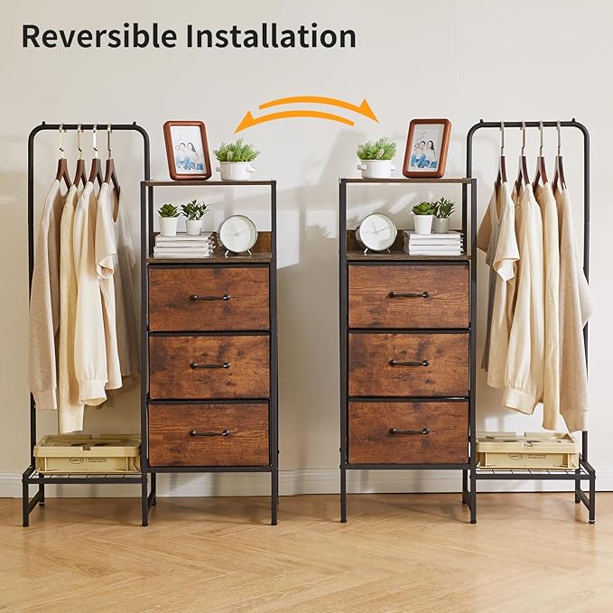 44 '' Tall Garment Rack with 3 Fabric Drawers, 4-Tier Clothing Rack, Coat Hanger with Shoe Shelf & Shelves for Small Spaces, Rustic Brown YD-TM081H