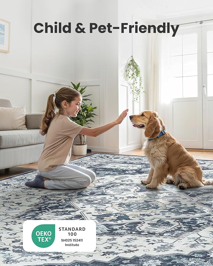 AMADA HOMEFURNISHING 9x12 Area Rug, Washable Low-Profile Large Area Rug with Non-Slip Backing & Durable Edge Binding, Vintage Large Rugs for Living Room, Bedroom