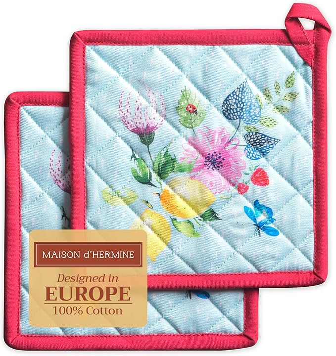 Maison d' Hermine Pot Holders Set 100% Cotton Heat Resistant Potholders 8" x 8" Hot Pads with Loop BBQ, Cooking, Grilling, Kitchen, Handling Hot Pans Spring/Summer (Pack of 2, Jardin D'Ete - Mint)
