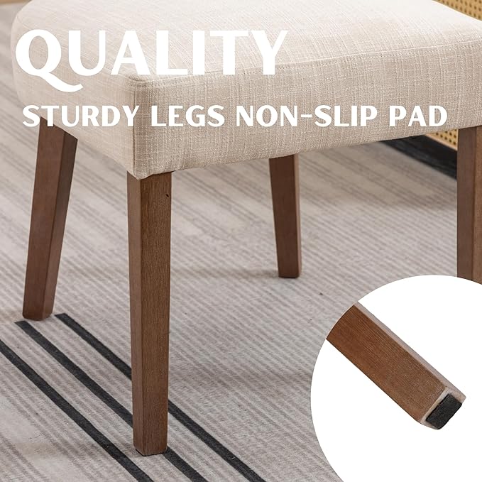 Rattan Dining Chairs Set of 4, Mid Century Modern Dining Chair Upholstered Linen Fabric Kitchen Side Chair, Modern Kitchen Armless Solid Wood Dining Chairs, Beige