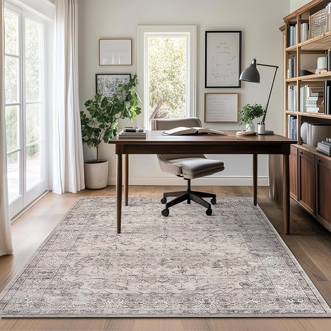 Neutral Modern Area Rugs 6x9 Machine Washable Living Room Rug Non Slip with Rubber Backing Soft Faux Fur Low Pile Stain Resistant Boho Floral Carpet Rugs for Bedroom Dining Room Kids Room Office,Grey