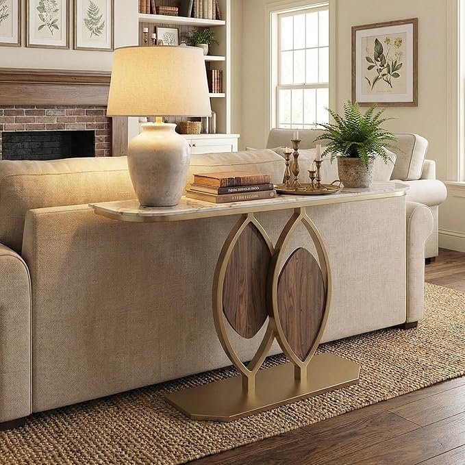 Stone Console Table Gold for Entryway, Modern Foyer Table Sofa Tables Narrow Long Stone Top for Living Room, Hallway Decor, Creative Styling(Gray,31.5"x11.8"x31.5")