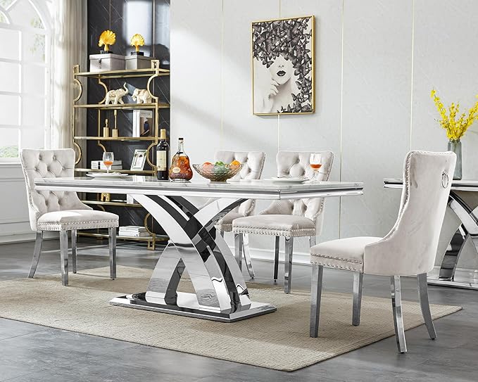Goujxcy 7-Piece Dining Table Set Modern Faux Marble Dining Table Set for 6, Luxury 68" Long Faux Marble Kitchen Table with 6 Velvet Upholstered Chairs & Mirrored Stainless Steel Base