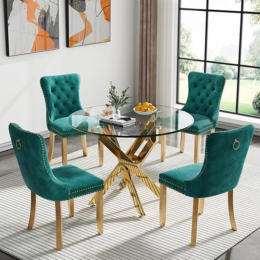 Goujxcy Small Round Dining Table Set for 4, Modern Glass Kitchen Table Chairs Set of 4, 5-Piece Dining Table Set w/36 Circle Gold Glass Dining Room Table and 4 Green Upholstered Dining Chairs