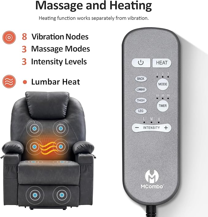 MCombo Large Power Lift Recliner Chair for Elderly, Lift Chair with Heat and Massage for Tall People, Extended Footrest, USB & Type C Ports, Cup Holders, Faux Leather 7516 (Large, Grey)