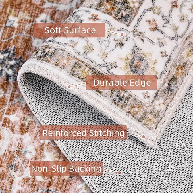 Deerly Rug Runner - Boho 3x8 Washable Kitchen Rug Runner with Non-Slip Backing, Non-Shedding Floral Soft Runners for Hallways Distressed Carpet Runner Rugs for Bedroom Brick Red