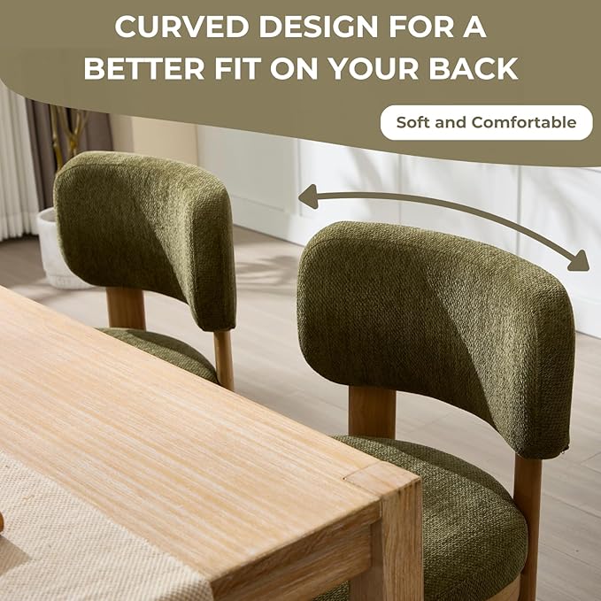 Green Upholstered Dining Chairs Set of 6 Chenille Fabric Dining Room Chairs Modern Barrel Kitchen Chairs with Curved Backrest and Wooden Legs