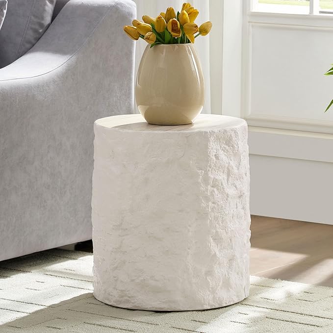 Round Fiberglass Coffee Table for Living Room,15.75 Inch Side Table for Bedroom,Modern Design Imitation Stone End Table for Apartment,No Need Assembly,Beige