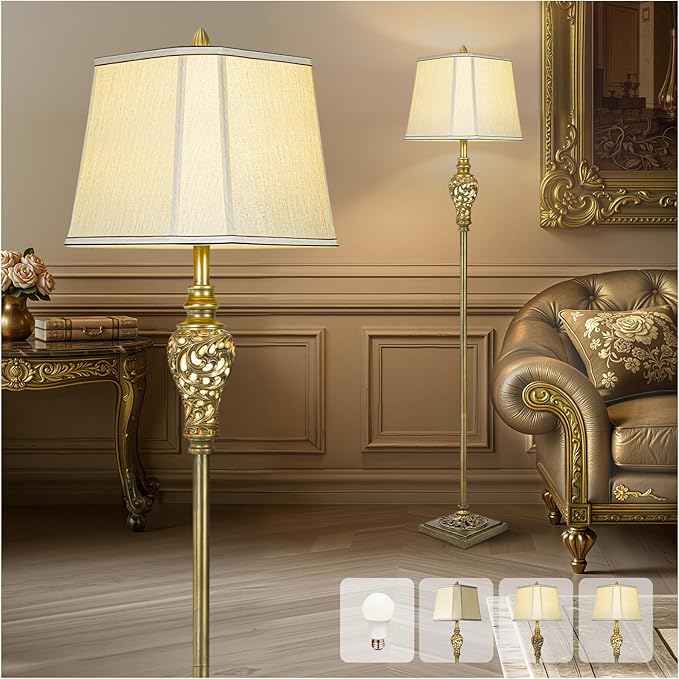 Vintage Floor Lamp for Living Room, 65" Tall Lamp with Nightlight and Beige Faux Silk Shade, Farmhouse Standing Lamp for Bedroom, Office Corner, or Study, Elegant Rustic Home Decor (LED Bulb Included)