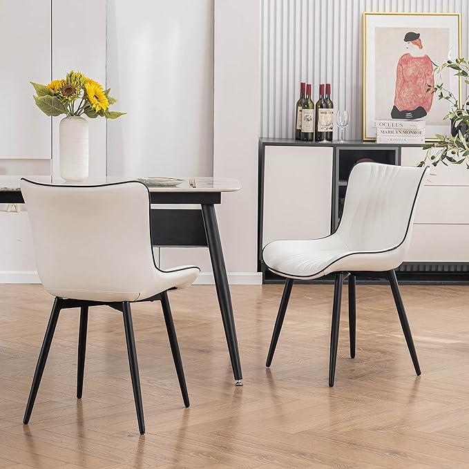 YOUTASTE Dining Chairs Set of 2, Mid Century Modern Upholstered Faux Leather Kitchen Room Chairs, with Black Metal Legs, Armless Accent Chair for Living Room, Bedroom, Vanity, White
