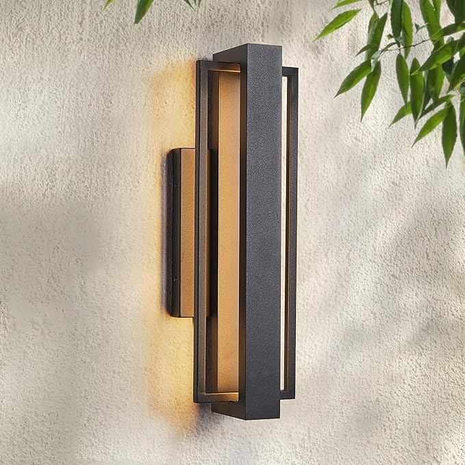 Double Square Frame Outdoor LED Wall Light, 15 Inch Textured Black Wall Sconce, Sleek Modern Light Fixture, Integrated LED 3000K 16W, Outside Lights for Patio, Porch, Front Door or Garage