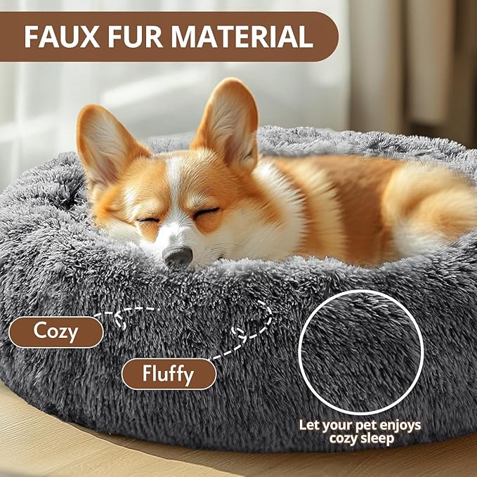 JOLLYVOGUE Calming Dog & Cat Bed for Small Dogs, Anti-Anxiety Donut Cuddler Cozy Soft Round Bed with Anti-Slip Bottom, Fluffy Faux Fur Plush Cushion Beds for Small Medium Dogs, 23"/Smoke Black