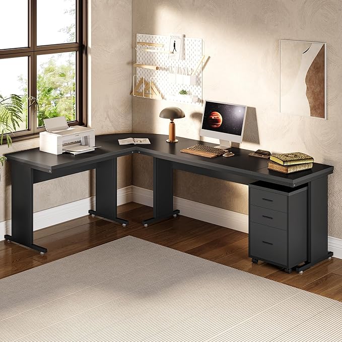LITTLE TREE 82.67" Long Executive Desk Large L-Shaped Computer Office Desk with 3-Drawer Mobile File Cabinet, Industrial Business Furniture Desk Workstation for Home Office, Black