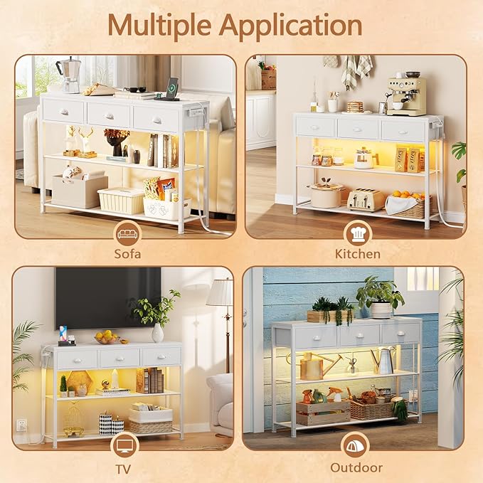 Furologee 38in Console Table with 3 Drawers, Small Sofa Table with Lights and Power Outlets, Hallway Tables with 3-Tier Shelves, White Narrow Console Table for Entryway, Living Room, Couch, Foyer