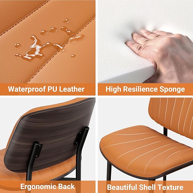 Dining Chairs Set of 6, Mid-Century Modern Upholstered PU Leather Chairs with Walnut Back and Metal Legs Adjustable Feet for Kitchen Dining Room, Orange Shell Strips