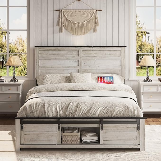 Wooden Bed Frame Full Size with Headboard & Sliding Barn Door Storage Footboard, Farmhouse Platform Bedframe with Charging Station, No Box Spring Needed, Boho White