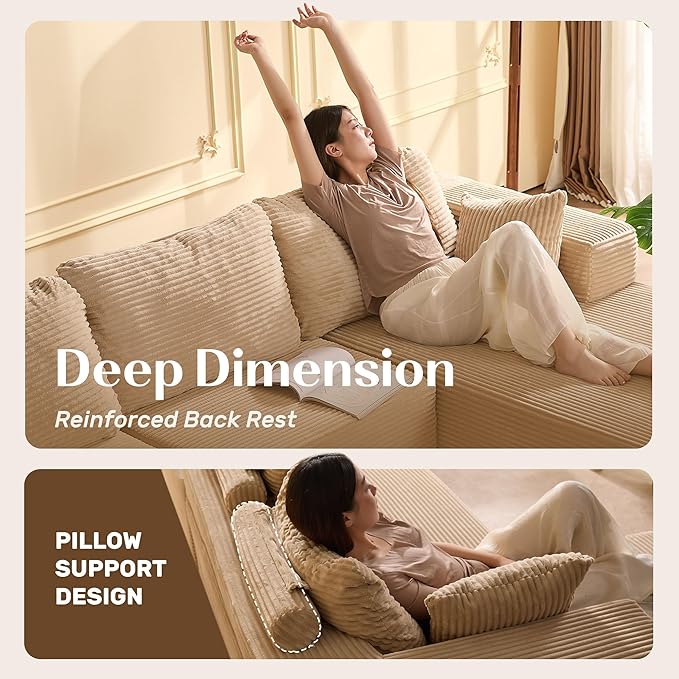 107" Boneless Couch with Deep Seat, Modular Sectional Sofa, Cloud Sectional Couch for Living Room, No Assembly Required, Corduroy, U-Shape 3 Seater Right, Camel