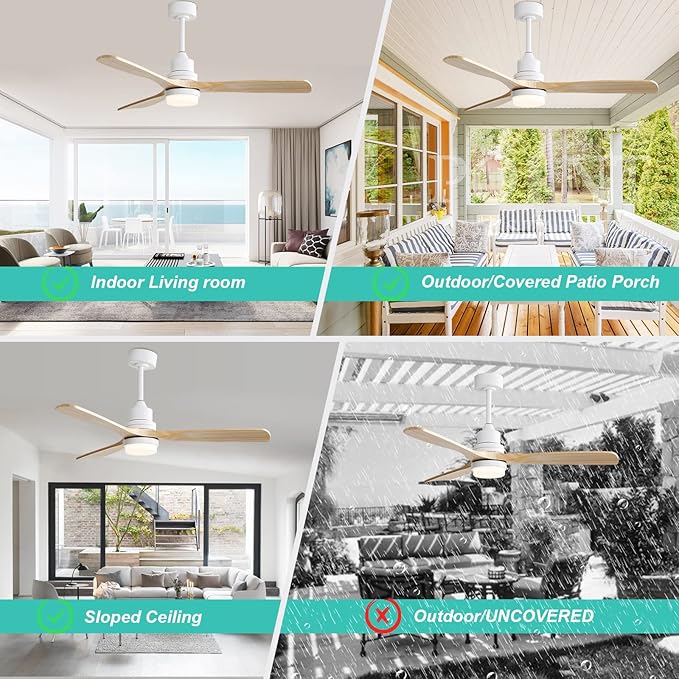 Sofucor Ceiling Fan with Lights, 52 Inch Modern Wood White Ceiling Fan with Remote for Indoor Farmhouse Bedroom Living Room Outdoor Patio Porch, Reversible DC Motor, 3 Blades, Noiseless