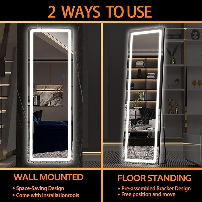 Hasipu Full Length Mirror with Lights, 56" x 20" LED Floor Mirror, Full Body Dressing Standing, Hanging Mounted Mirror for Living Room Bedroom Cloakroom, Round Black